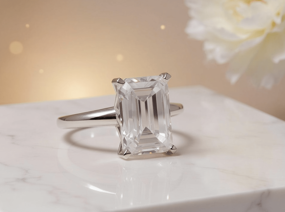 3.10 Carat Emerald Cut Lab Grown Diamond Solitaire Engagement Ring in 14K Gold - Rarest Jewelries